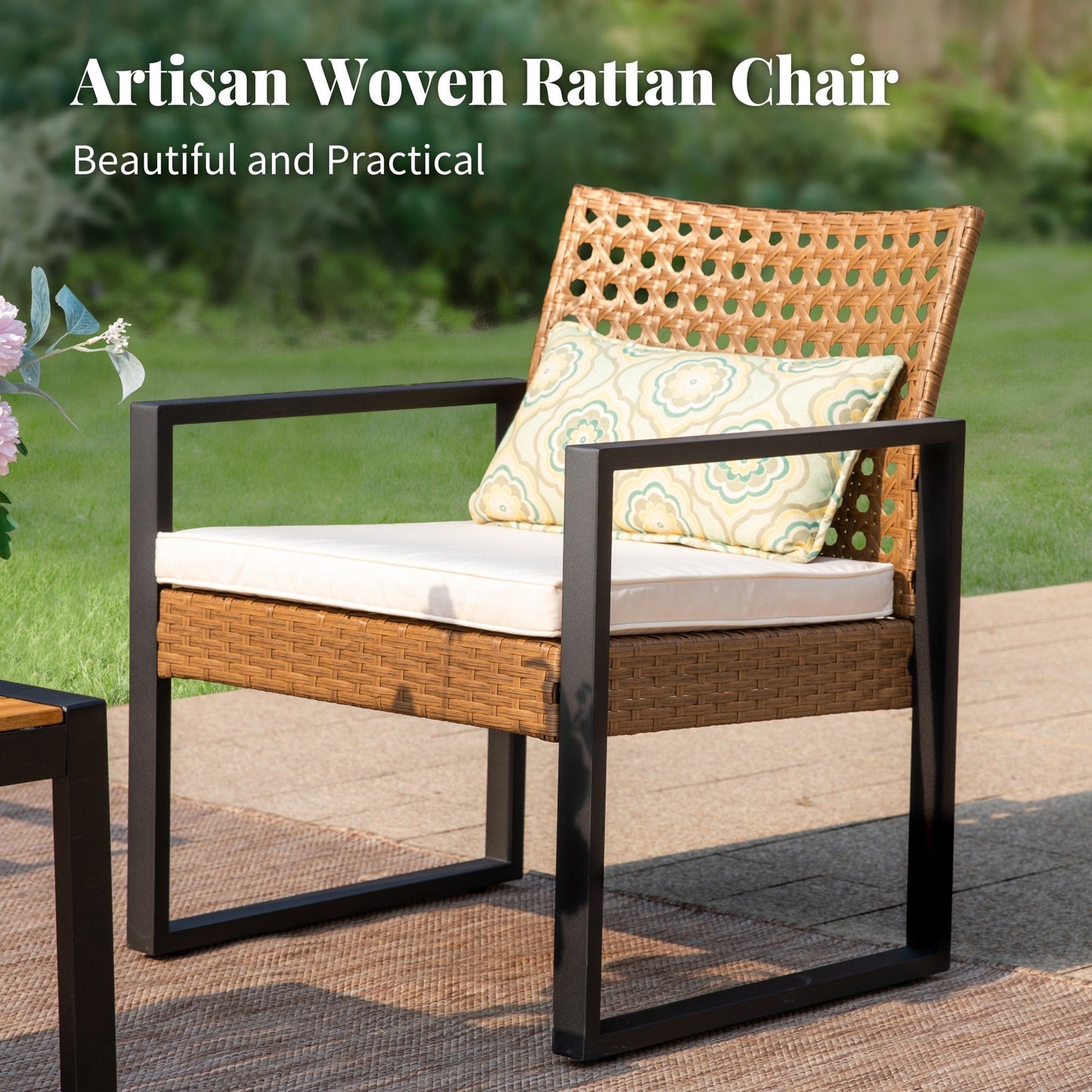 4-Piece Patio Furniture Wicker Outdoor Bistro Set, All-Weather Rattan Wood Conversation Set with Soft Cushions by Havenside Home
