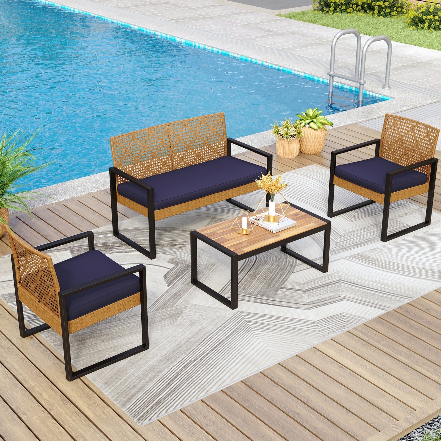 4-Piece Patio Furniture Wicker Outdoor Bistro Set, All-Weather Rattan Wood Conversation Set with Soft Cushions by Havenside Home