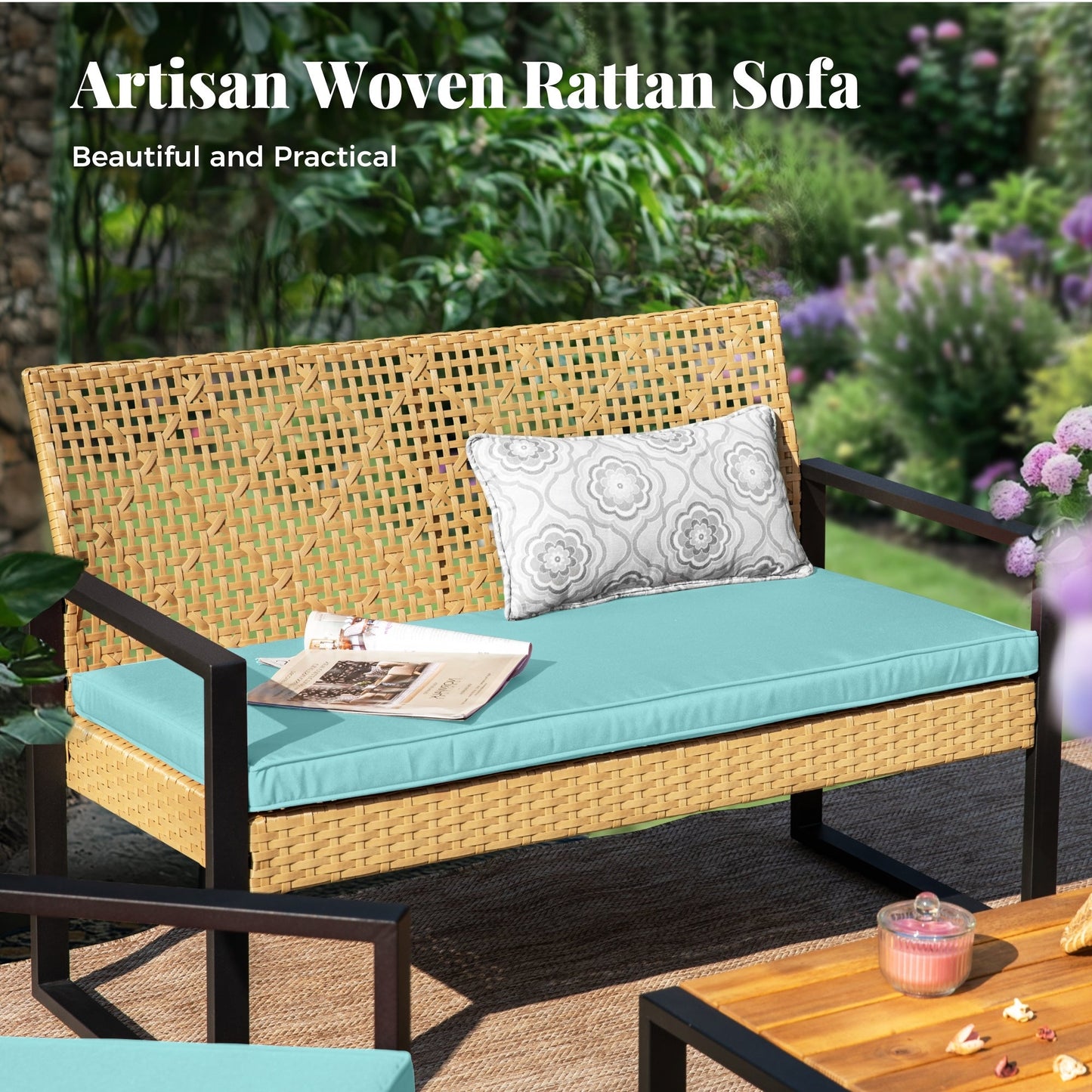4-Piece Patio Furniture Wicker Outdoor Bistro Set, All-Weather Rattan Wood Conversation Set with Soft Cushions by Havenside Home