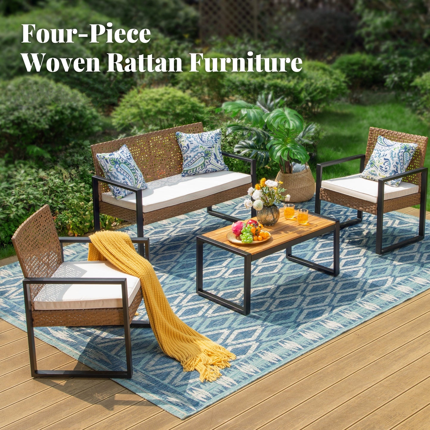 4-Piece Patio Furniture Wicker Outdoor Bistro Set, All-Weather Rattan Wood Conversation Set with Soft Cushions by Havenside Home