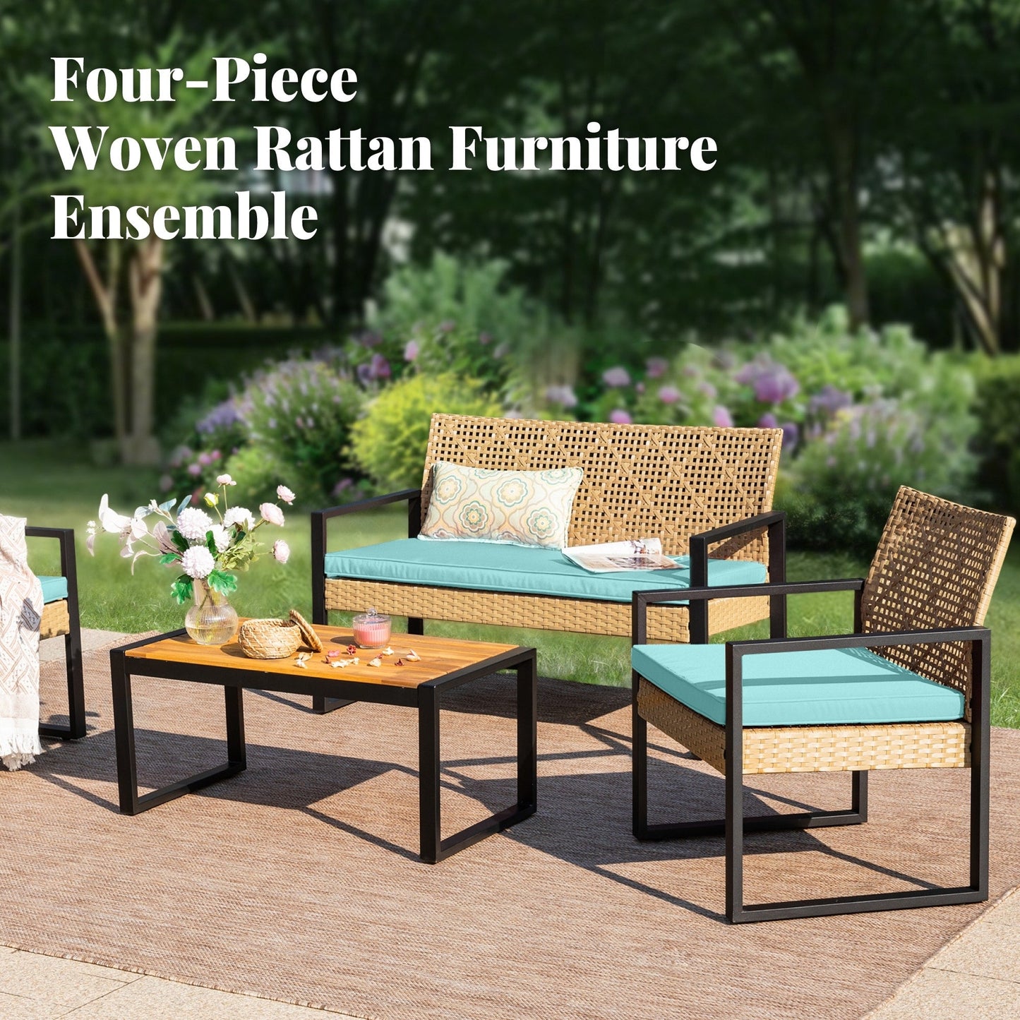 4-Piece Patio Furniture Wicker Outdoor Bistro Set, All-Weather Rattan Wood Conversation Set with Soft Cushions by Havenside Home
