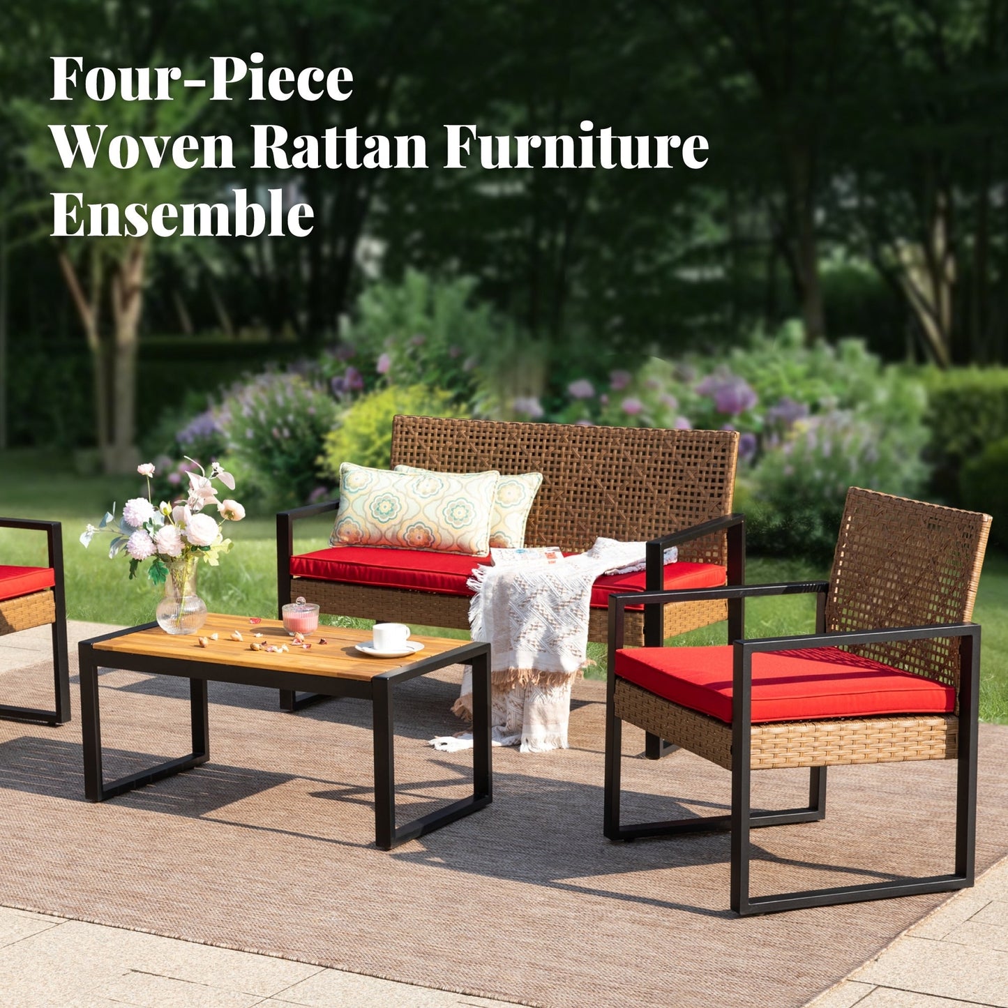 4-Piece Patio Furniture Wicker Outdoor Bistro Set, All-Weather Rattan Wood Conversation Set with Soft Cushions by Havenside Home