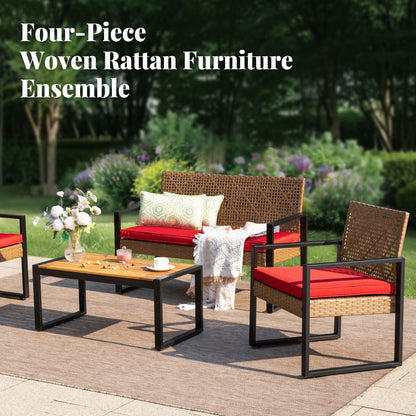 4-Piece Patio Furniture Wicker Outdoor Bistro Set, All-Weather Rattan Wood Conversation Set with Soft Cushions by Havenside Home