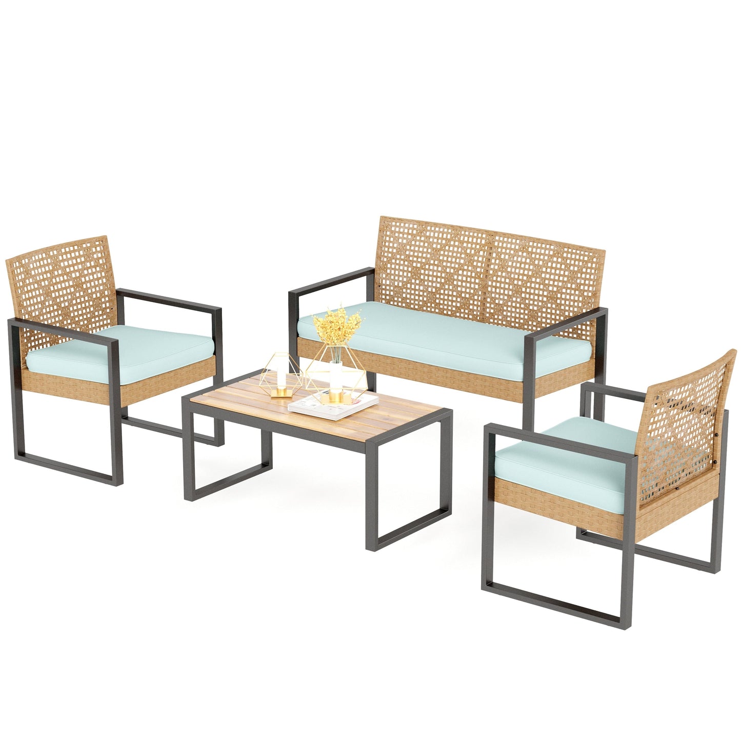 4-Piece Patio Furniture Wicker Outdoor Bistro Set, All-Weather Rattan Wood Conversation Set with Soft Cushions by Havenside Home