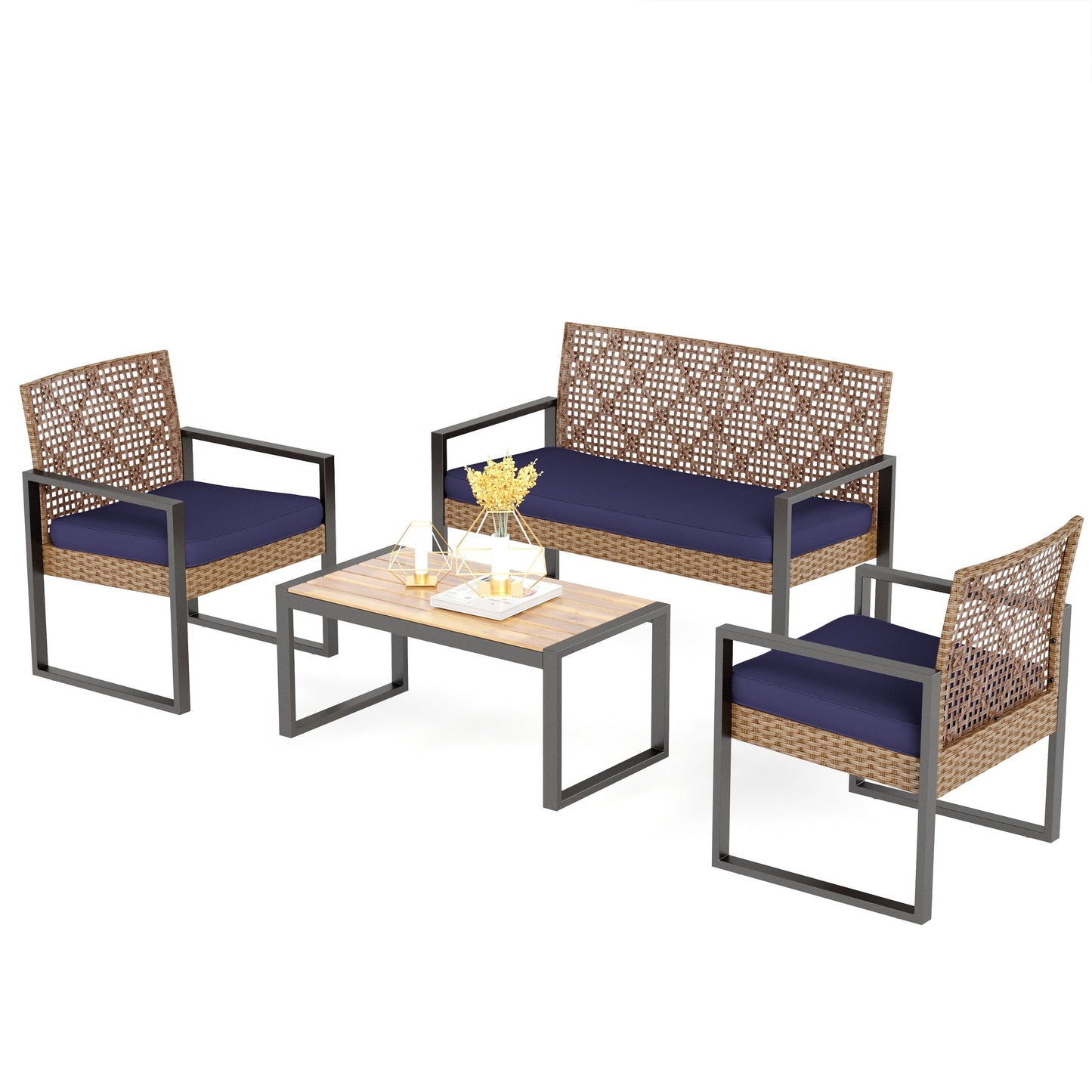 4-Piece Patio Furniture Wicker Outdoor Bistro Set, All-Weather Rattan Wood Conversation Set with Soft Cushions by Havenside Home