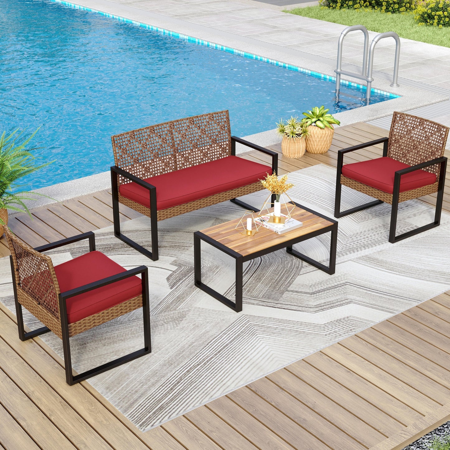 4-Piece Patio Furniture Wicker Outdoor Bistro Set, All-Weather Rattan Wood Conversation Set with Soft Cushions by Havenside Home