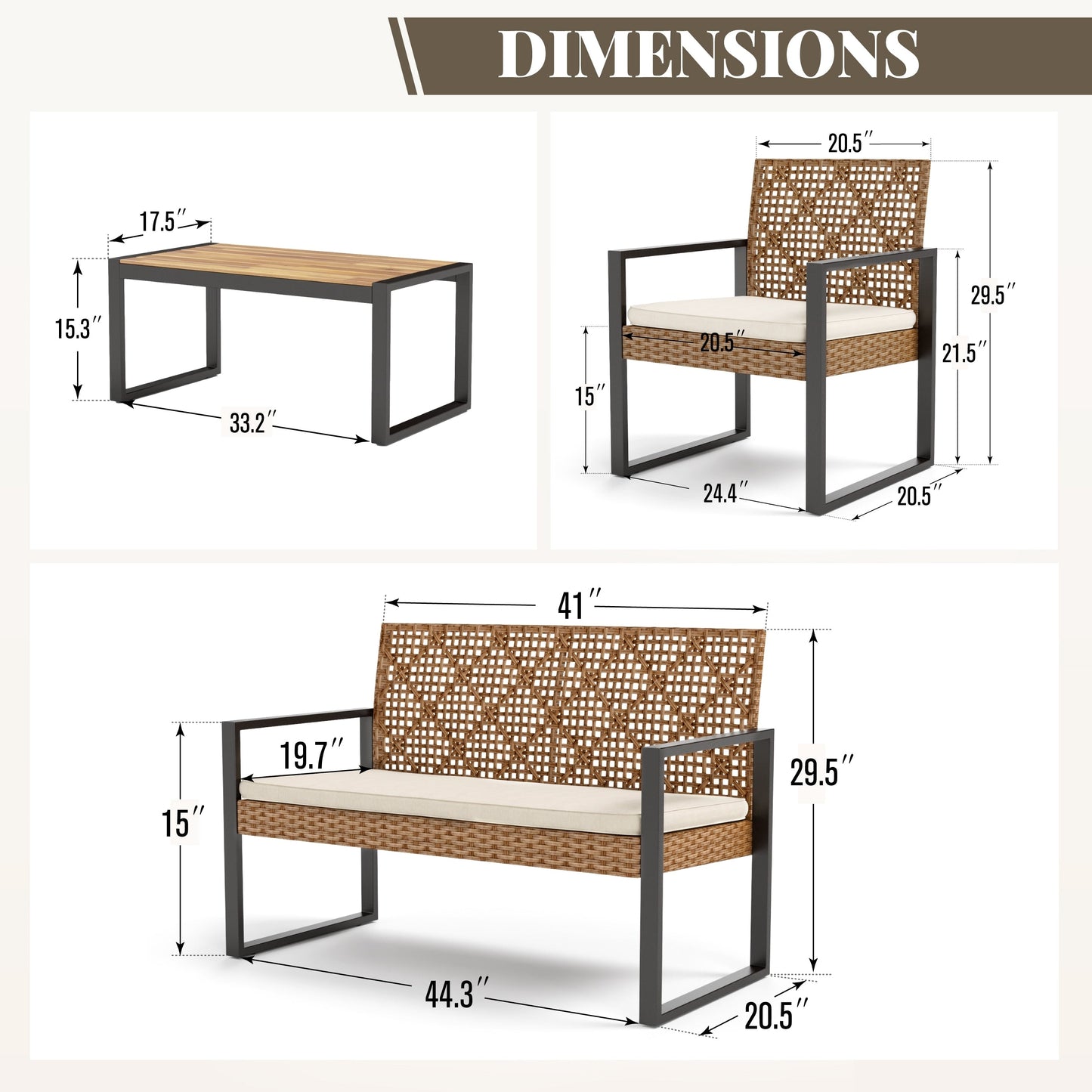 4-Piece Patio Furniture Wicker Outdoor Bistro Set, All-Weather Rattan Wood Conversation Set with Soft Cushions by Havenside Home