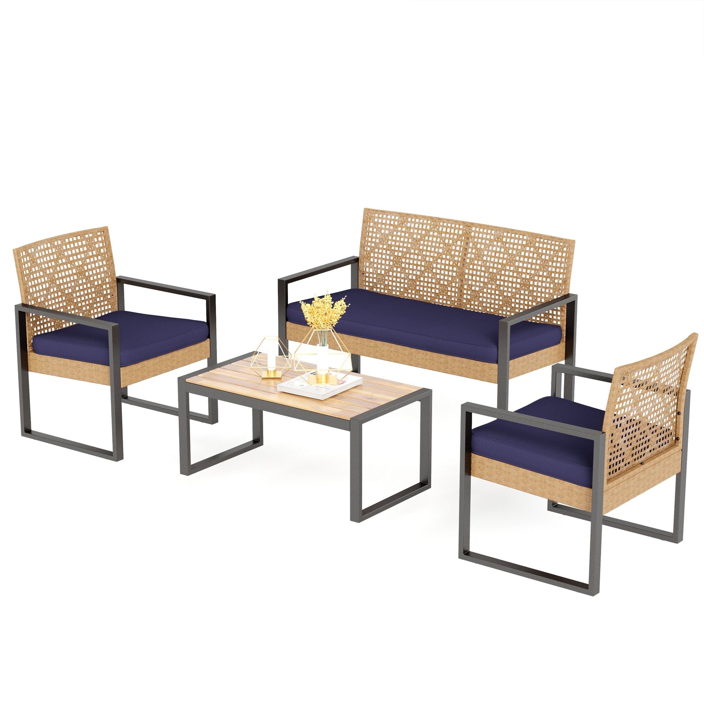4-Piece Patio Furniture Wicker Outdoor Bistro Set, All-Weather Rattan Wood Conversation Set with Soft Cushions by Havenside Home