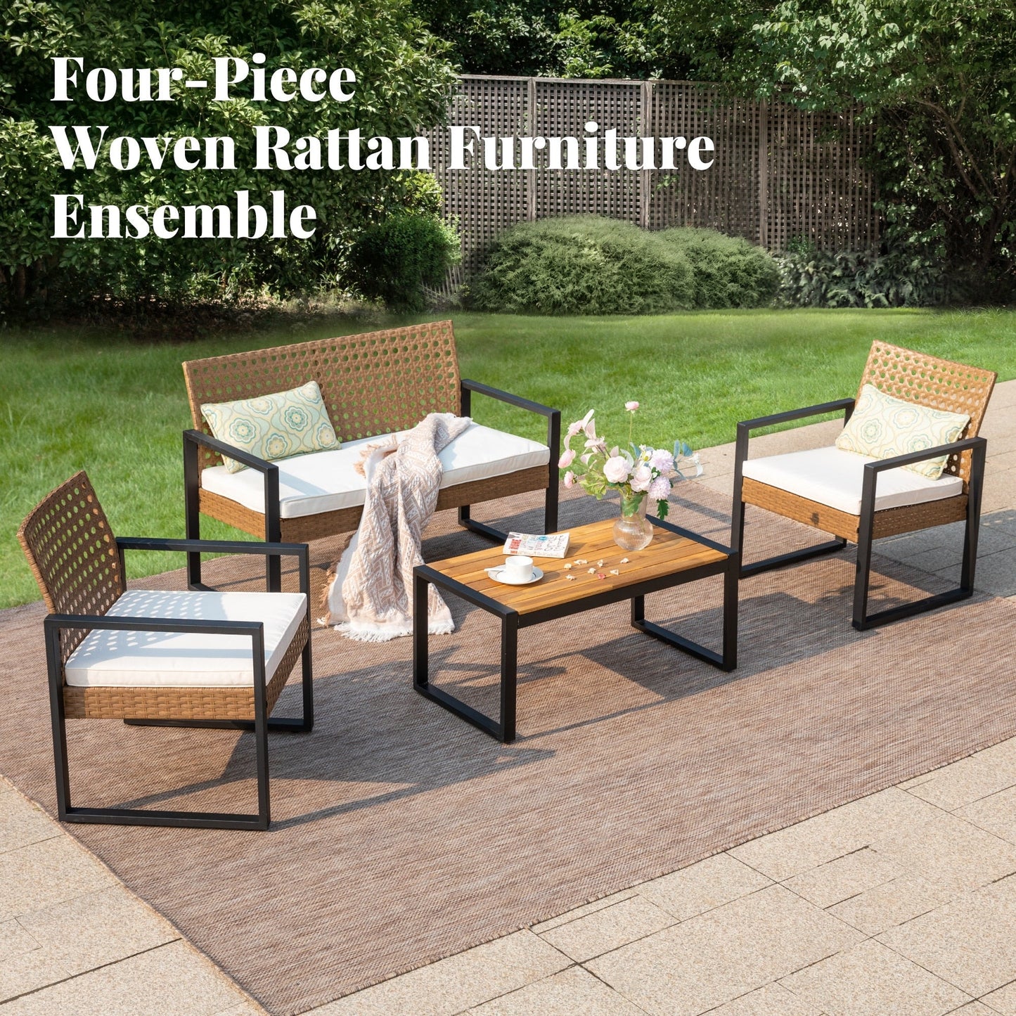 4-Piece Patio Furniture Wicker Outdoor Bistro Set, All-Weather Rattan Wood Conversation Set with Soft Cushions by Havenside Home