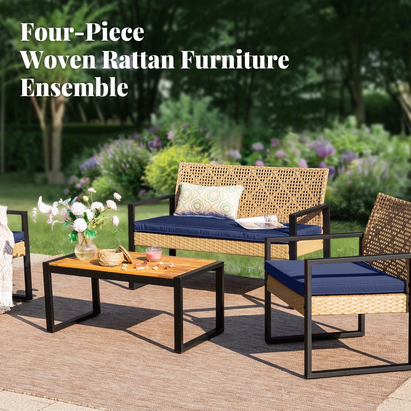 4-Piece Patio Furniture Wicker Outdoor Bistro Set, All-Weather Rattan Wood Conversation Set with Soft Cushions by Havenside Home