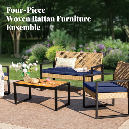 4-Piece Patio Furniture Wicker Outdoor Bistro Set, All-Weather Rattan Wood Conversation Set with Soft Cushions by Havenside Home