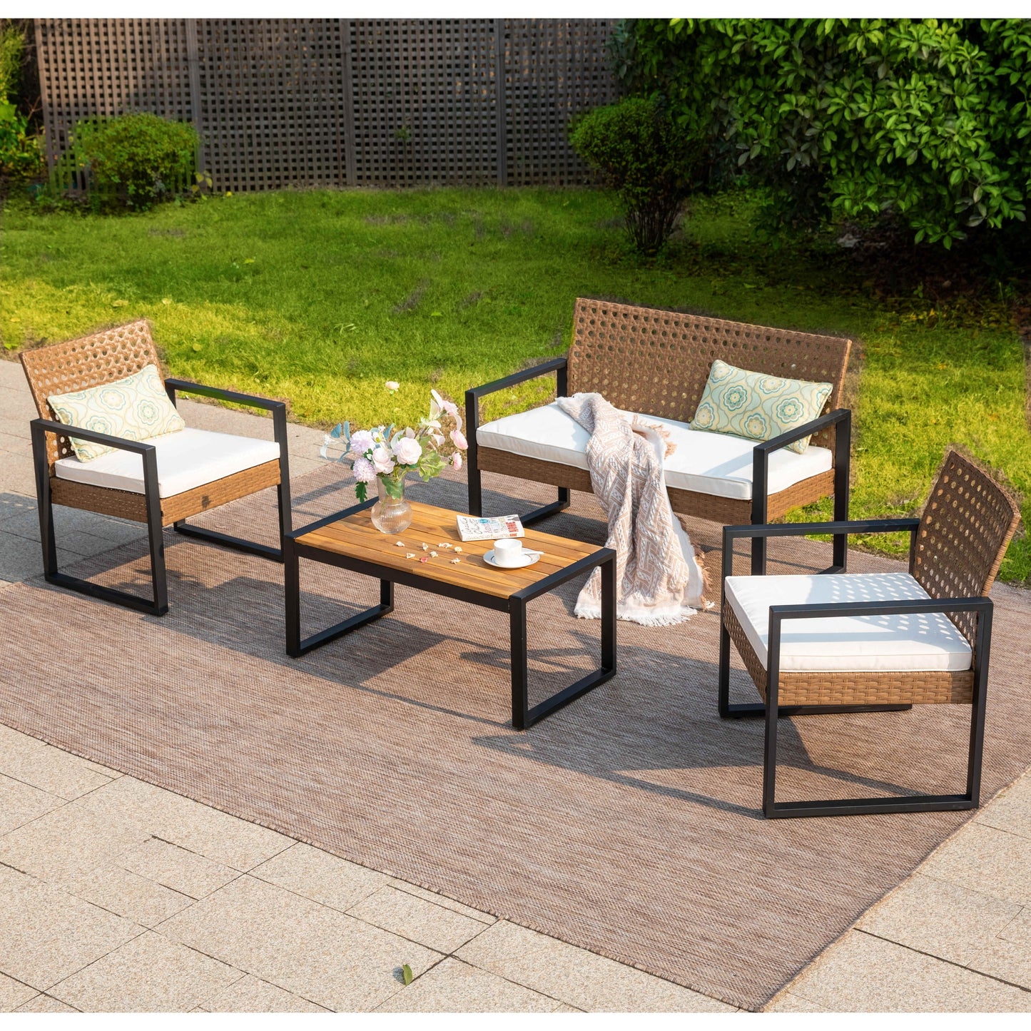 4-Piece Patio Furniture Wicker Outdoor Bistro Set, All-Weather Rattan Wood Conversation Set with Soft Cushions by Havenside Home