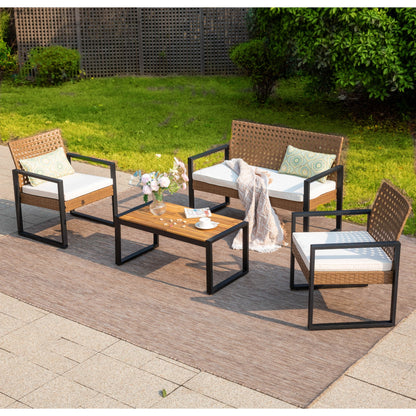 4-Piece Patio Furniture Wicker Outdoor Bistro Set, All-Weather Rattan Wood Conversation Set with Soft Cushions by Havenside Home
