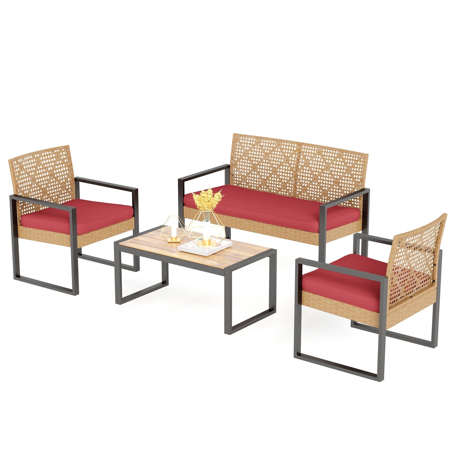 4-Piece Patio Furniture Wicker Outdoor Bistro Set, All-Weather Rattan Wood Conversation Set with Soft Cushions by Havenside Home