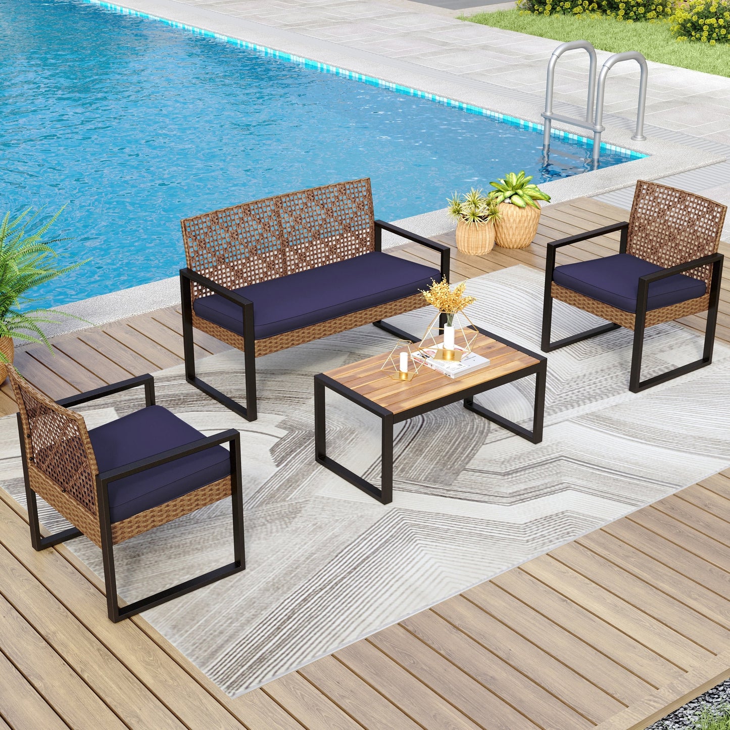 4-Piece Patio Furniture Wicker Outdoor Bistro Set, All-Weather Rattan Wood Conversation Set with Soft Cushions by Havenside Home