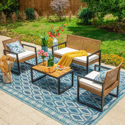 4-Piece Patio Furniture Wicker Outdoor Bistro Set, All-Weather Rattan Wood Conversation Set with Soft Cushions by Havenside Home