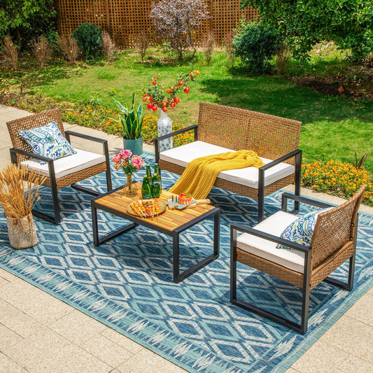 4-Piece Patio Furniture Wicker Outdoor Bistro Set, All-Weather Rattan Wood Conversation Set with Soft Cushions by Havenside Home