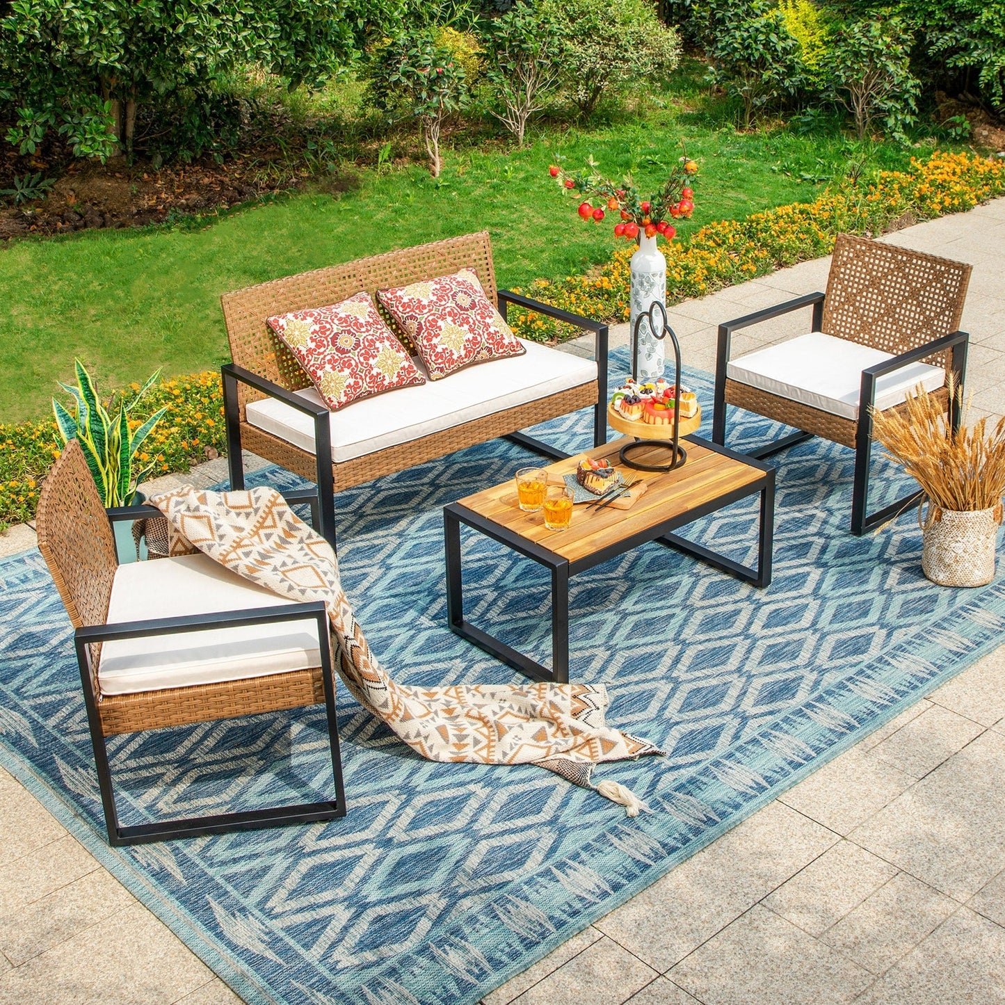 4-Piece Patio Furniture Wicker Outdoor Bistro Set, All-Weather Rattan Wood Conversation Set with Soft Cushions by Havenside Home