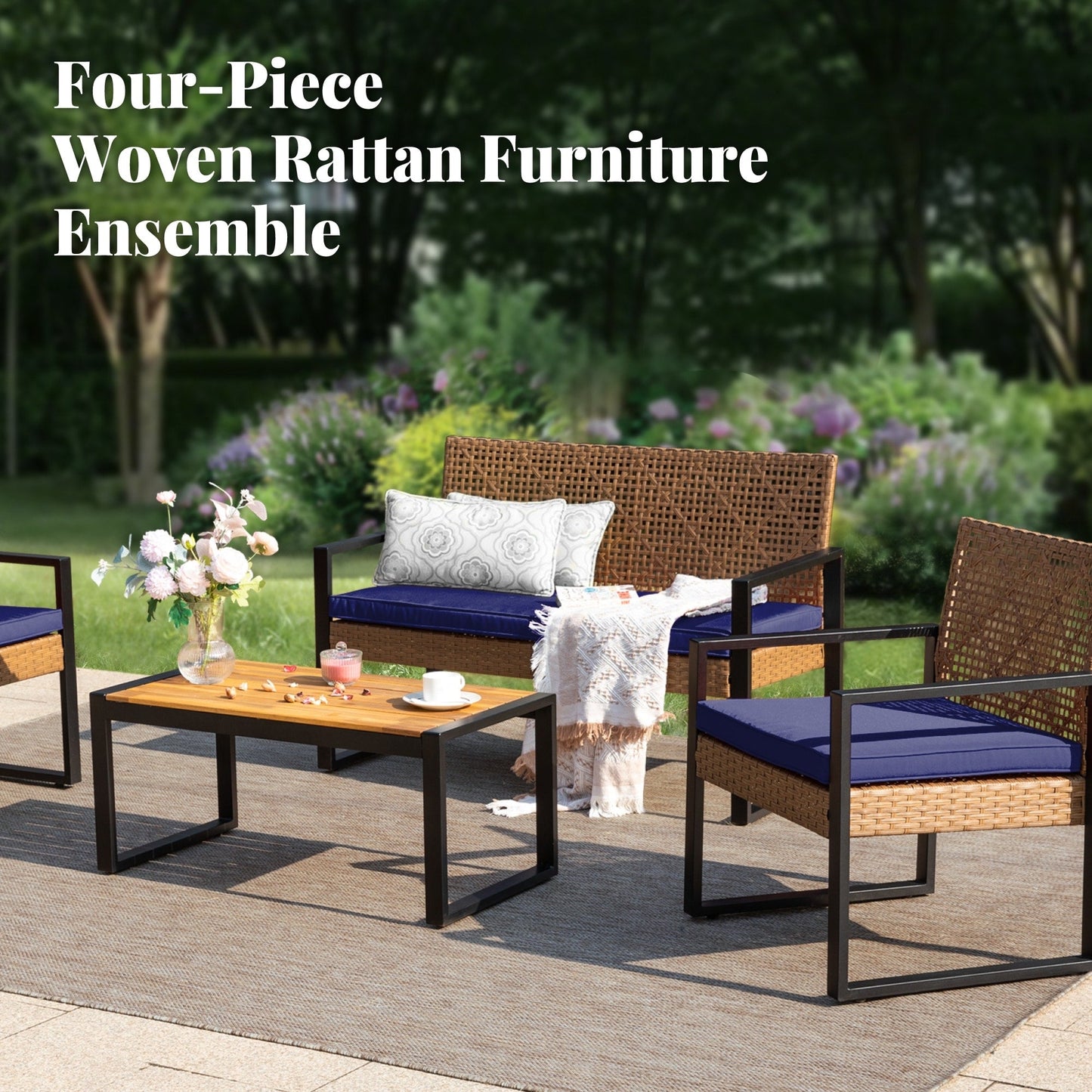 4-Piece Patio Furniture Wicker Outdoor Bistro Set, All-Weather Rattan Wood Conversation Set with Soft Cushions by Havenside Home