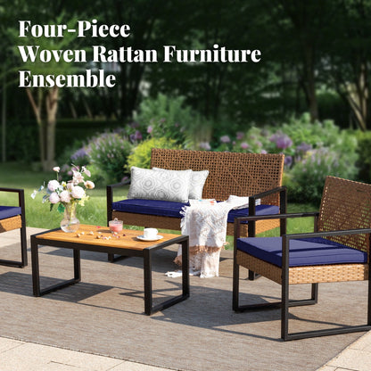 4-Piece Patio Furniture Wicker Outdoor Bistro Set, All-Weather Rattan Wood Conversation Set with Soft Cushions by Havenside Home