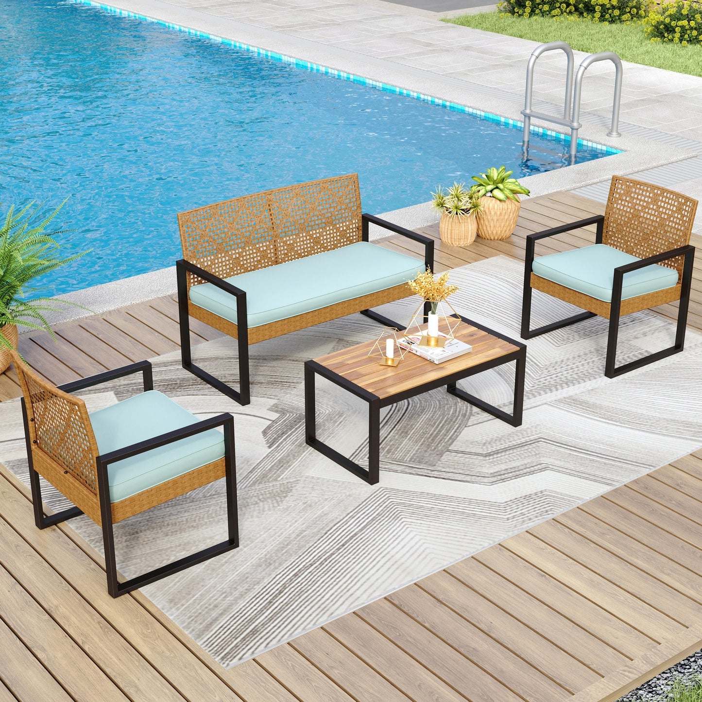 4-Piece Patio Furniture Wicker Outdoor Bistro Set, All-Weather Rattan Wood Conversation Set with Soft Cushions by Havenside Home