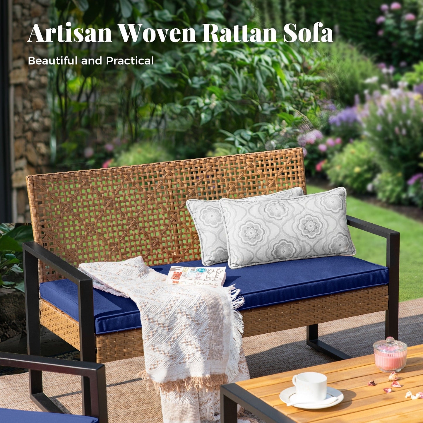 4-Piece Patio Furniture Wicker Outdoor Bistro Set, All-Weather Rattan Wood Conversation Set with Soft Cushions by Havenside Home