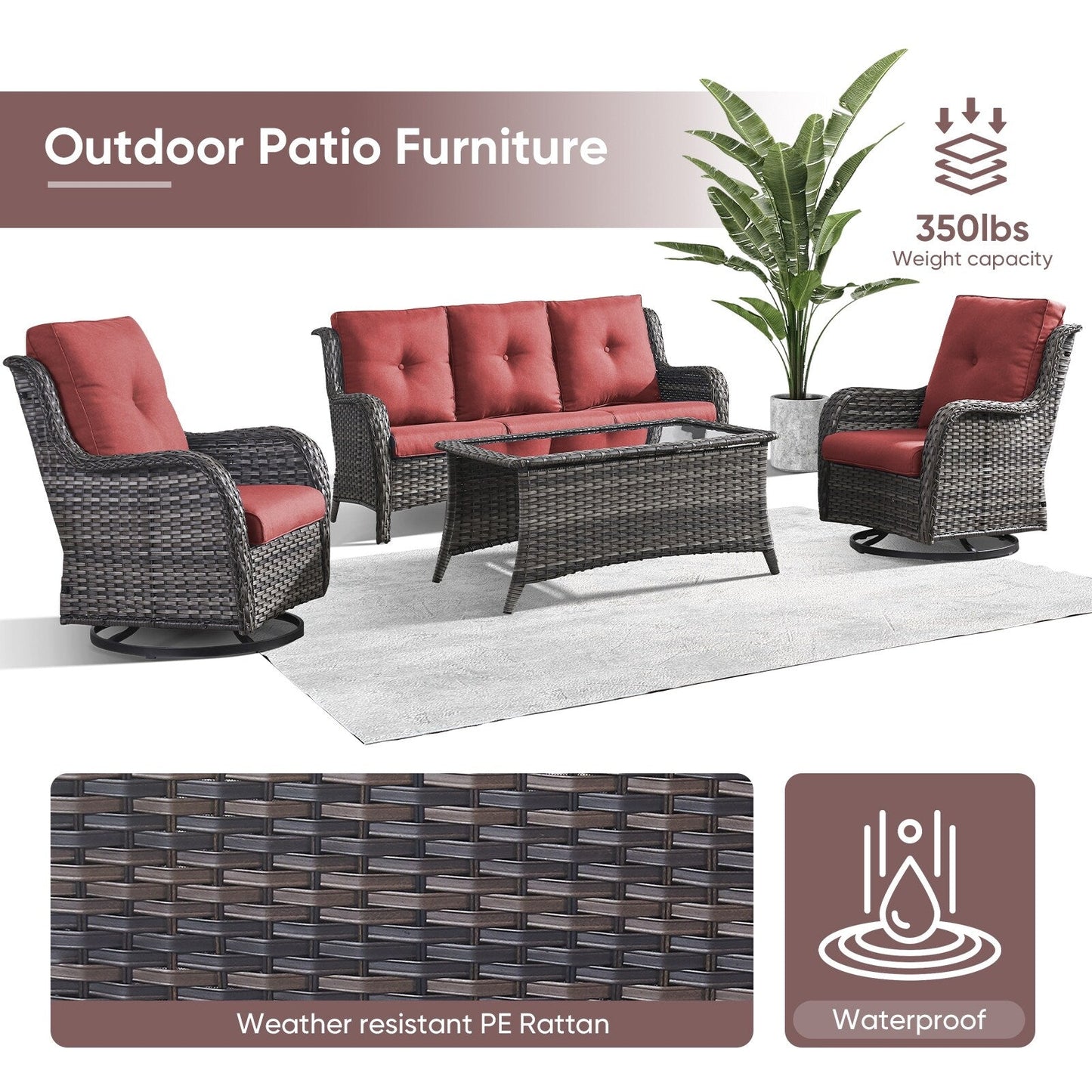 Gymojoy 4-Piece Patio Sofa with Swivel Glider Chair Set