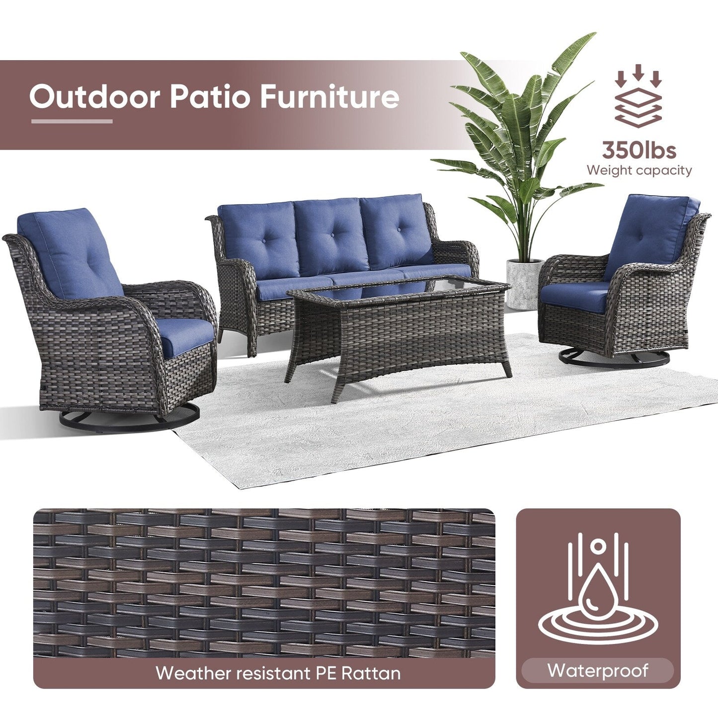 Gymojoy 4-Piece Patio Sofa with Swivel Glider Chair Set