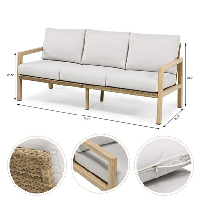 4-Piece Wood-grain Aluminum Patio Conversation Set with Rattan Chair Back and Cushions