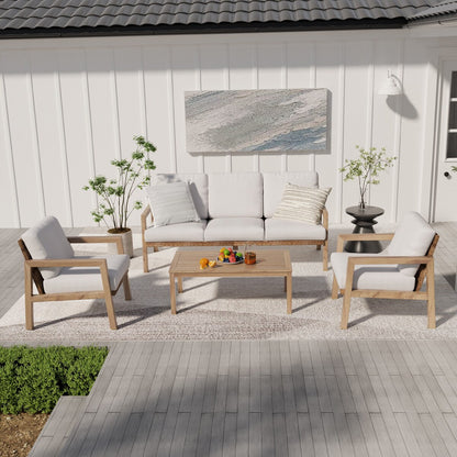 4-Piece Wood-grain Aluminum Patio Conversation Set with Rattan Chair Back and Cushions