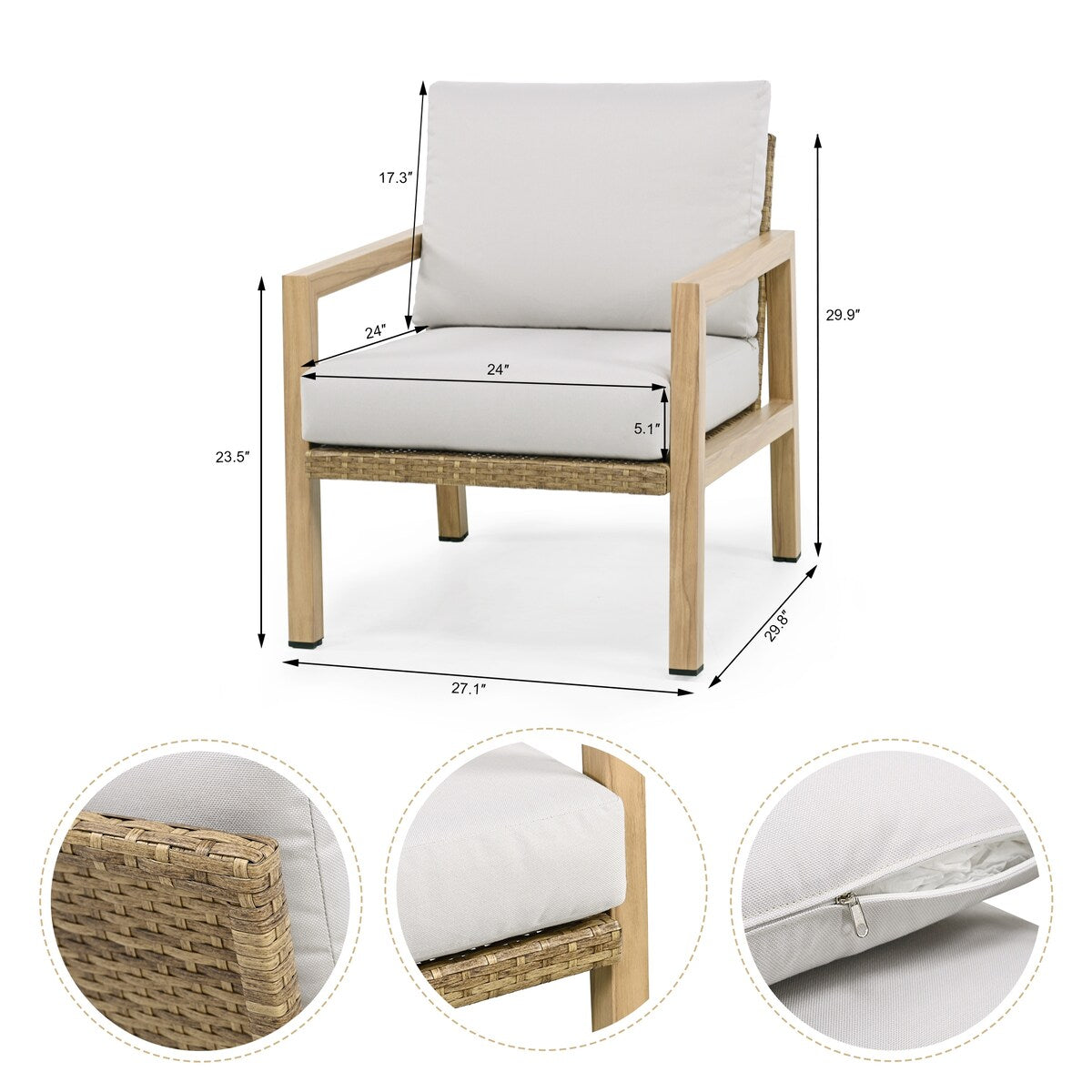 4-Piece Wood-grain Aluminum Patio Conversation Set with Rattan Chair Back and Cushions