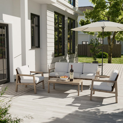 4-Piece Wood-grain Aluminum Patio Conversation Set with Rattan Chair Back and Cushions