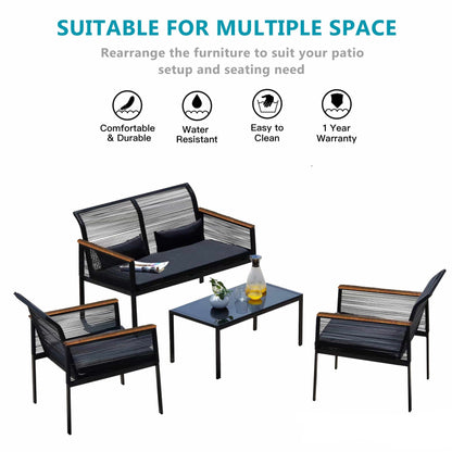 4-pc. Black Wicker Cord Patio Conversation Set