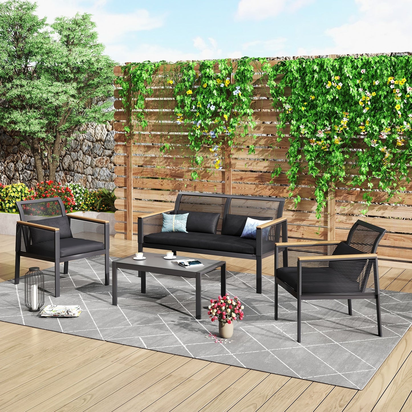 4-pc. Black Wicker Cord Patio Conversation Set