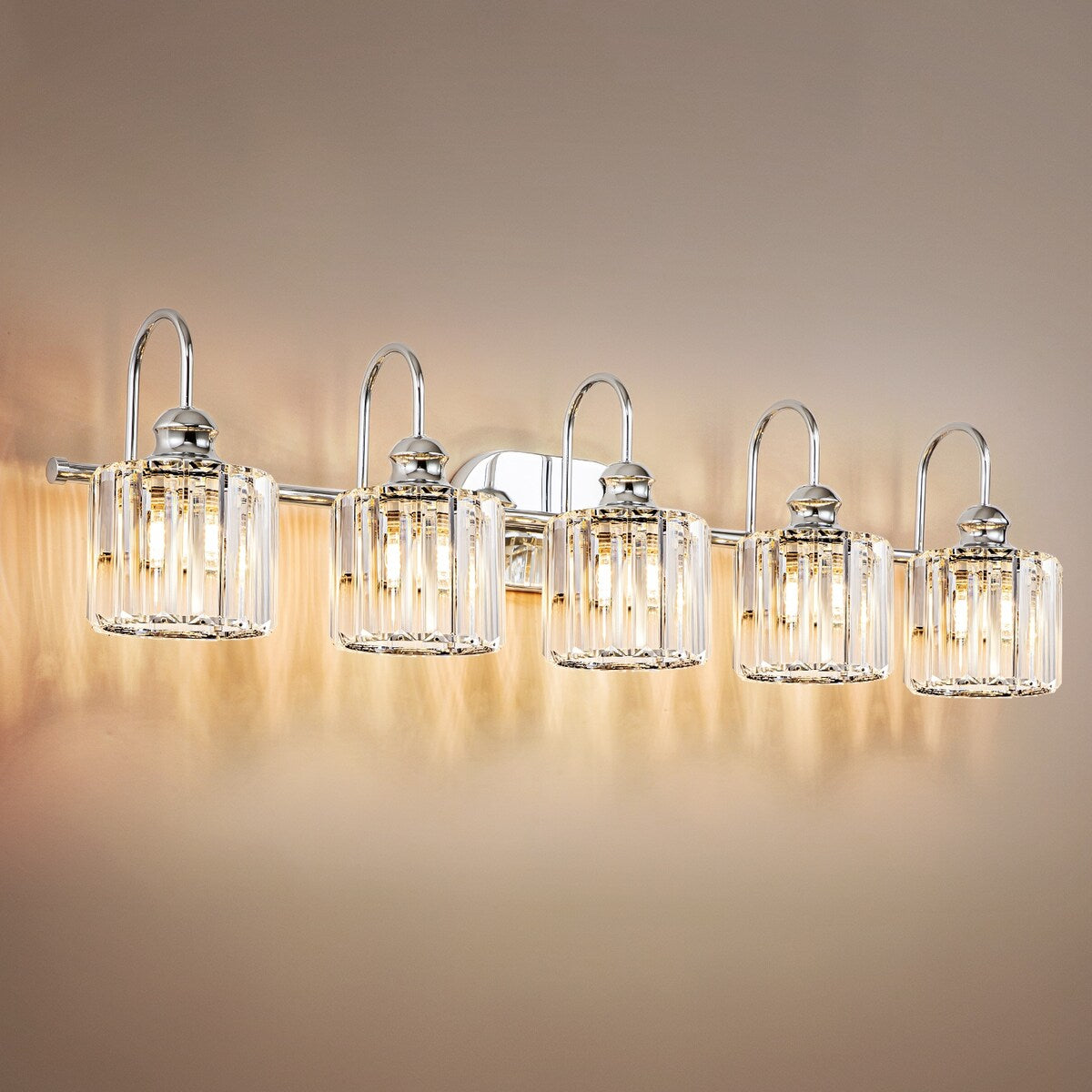 5-Light Glam Linear Dimmable Crystal Bathroom Vanity Lights with Cylinder Crystal Shade