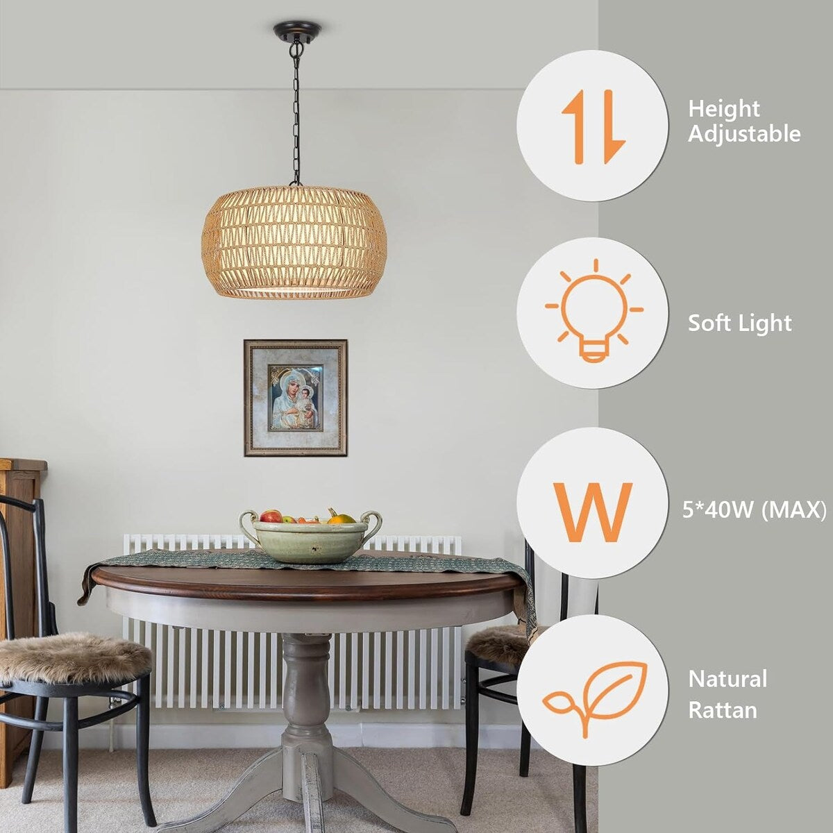 5-Lights Rattan Farmhouse Chandelier
