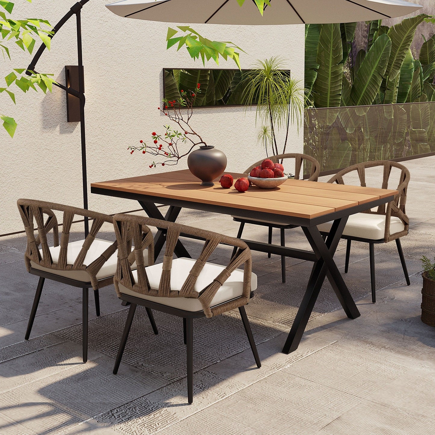5 Pcs Outdoor Dining Table and Chairs Set, Patio Furniture Sets with PE Rattan Chairs and Rectangular Wood Table