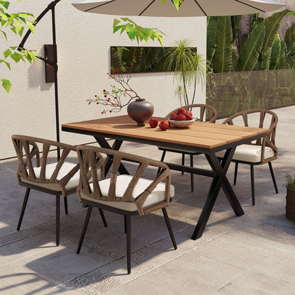 5 Pcs Outdoor Dining Table and Chairs Set, Patio Furniture Sets with PE Rattan Chairs and Rectangular Wood Table