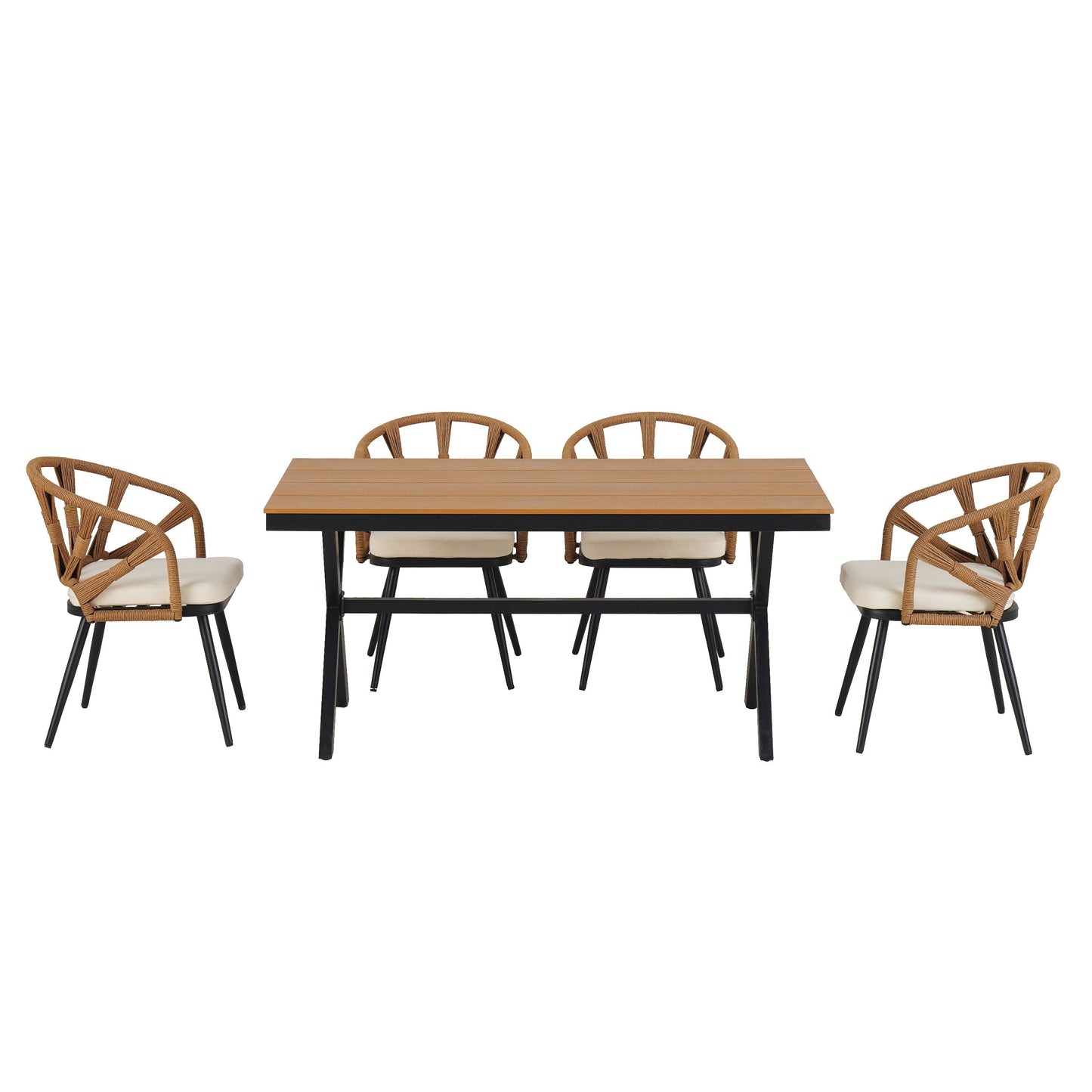 5 Pcs Outdoor Dining Table and Chairs Set, Patio Furniture Sets with PE Rattan Chairs and Rectangular Wood Table