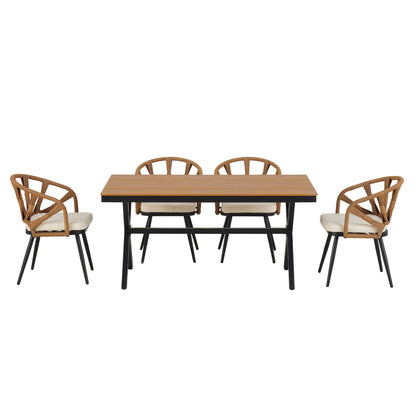 5 Pcs Outdoor Dining Table and Chairs Set, Patio Furniture Sets with PE Rattan Chairs and Rectangular Wood Table