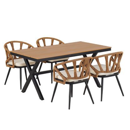 5 Pcs Outdoor Dining Table and Chairs Set, Patio Furniture Sets with PE Rattan Chairs and Rectangular Wood Table