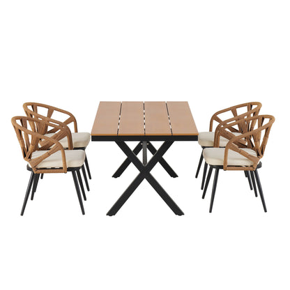 5 Pcs Outdoor Dining Table and Chairs Set, Patio Furniture Sets with PE Rattan Chairs and Rectangular Wood Table