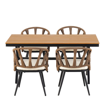 5 Pcs Outdoor Dining Table and Chairs Set, Patio Furniture Sets with PE Rattan Chairs and Rectangular Wood Table