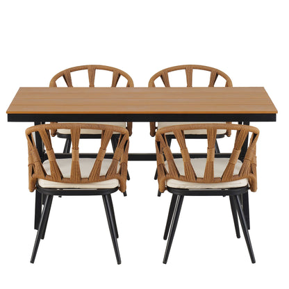 5 Pcs Outdoor Dining Table and Chairs Set, Patio Furniture Sets with PE Rattan Chairs and Rectangular Wood Table