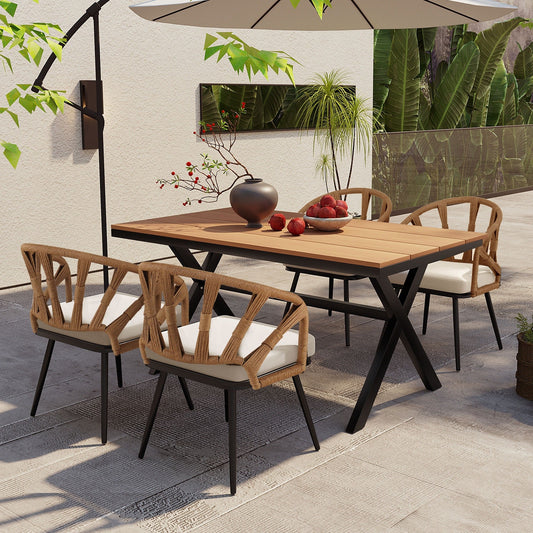 5 Pcs Outdoor Dining Table and Chairs Set, Patio Furniture Sets with PE Rattan Chairs and Rectangular Wood Table