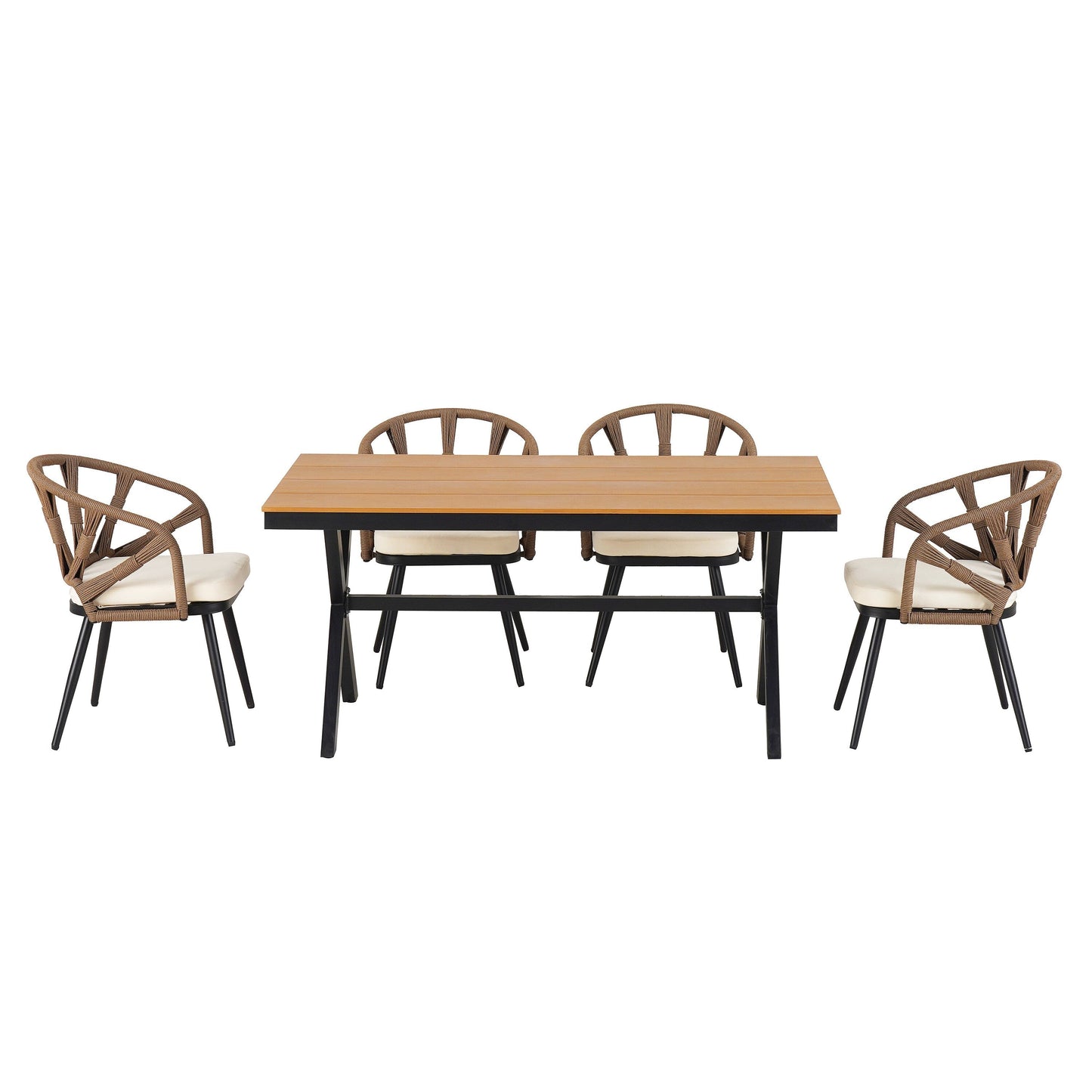 5 Pcs Outdoor Dining Table and Chairs Set, Patio Furniture Sets with PE Rattan Chairs and Rectangular Wood Table