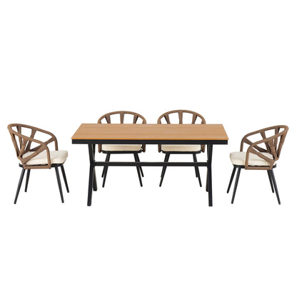 5 Pcs Outdoor Dining Table and Chairs Set, Patio Furniture Sets with PE Rattan Chairs and Rectangular Wood Table