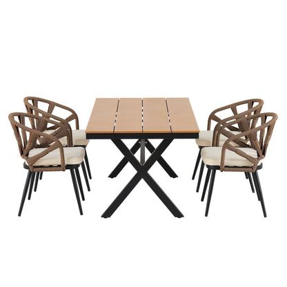 5 Pcs Outdoor Dining Table and Chairs Set, Patio Furniture Sets with PE Rattan Chairs and Rectangular Wood Table