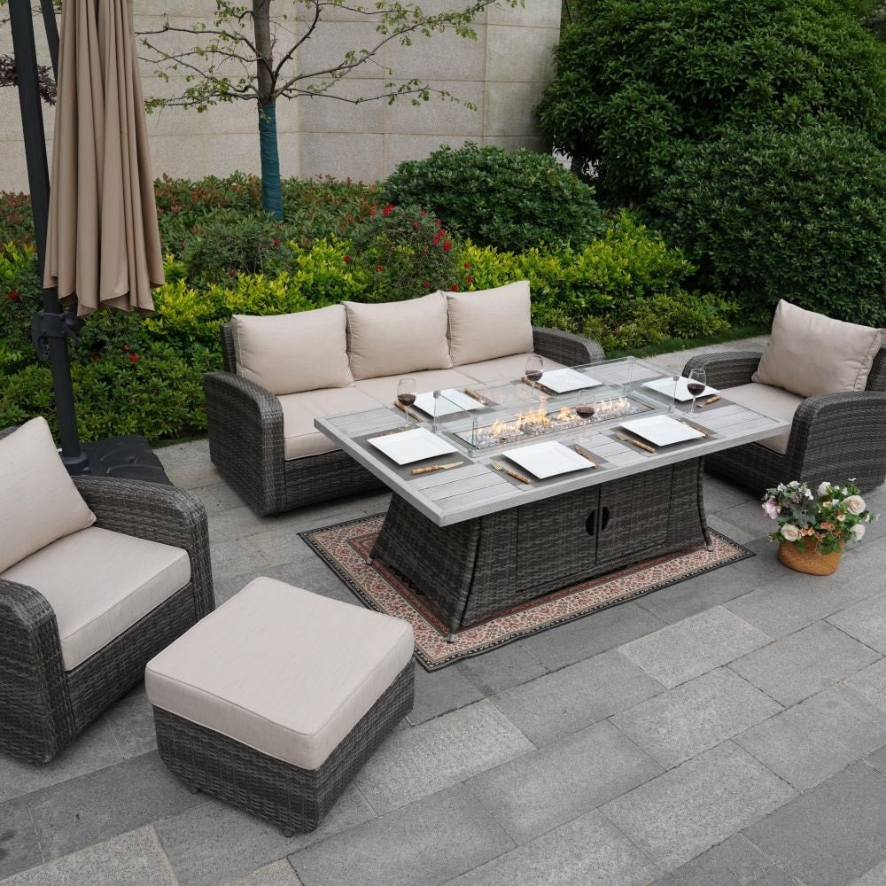5-Piece Outdoor Wicker Sofa Set with Aluminum Firepit Table
