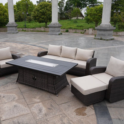 5-Piece Outdoor Wicker Sofa Set with Aluminum Firepit Table